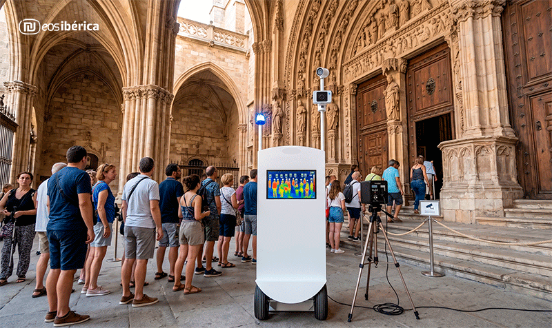 Un terminal móvil blanco con pantalla térmica y cámara vigila la temperatura corporal de una multitud de personas que hacen cola para entrar por la ornamentada puerta de piedra de una catedral histórica.