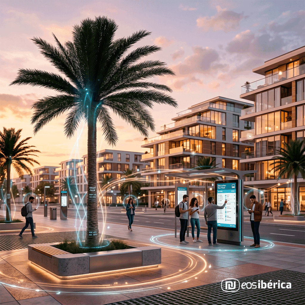 Una vista de plaza de ciudad inteligente al atardecer, centrada en la palmera inteligente de 8 metros integrada en un macetero iluminado. Los senderos de datos luminosos conectan la palmera con edificios residenciales modernos y personas que interactúan con una parada de autobús digital y sus dispositivos móviles.