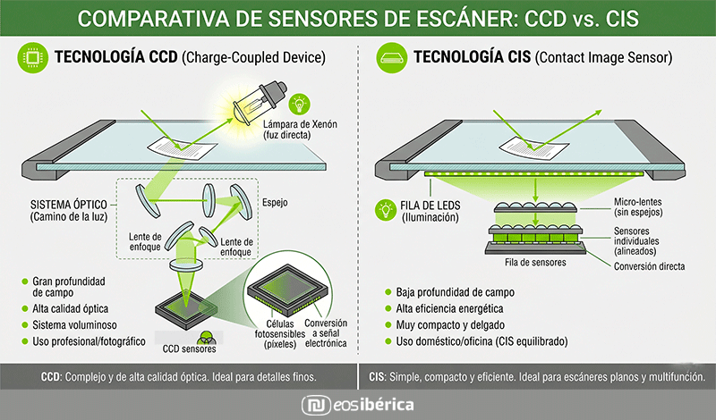 Infografía técnica que compara sensores de escáner. El diagrama CCD muestra un sistema óptico complejo con lámpara de xenón y espejos para alta calidad profesional. El diagrama CIS ilustra un diseño compacto con fila de LEDs y micro-lentes para eficiencia en oficinas. Ambos incluyen listas de características técnicas.