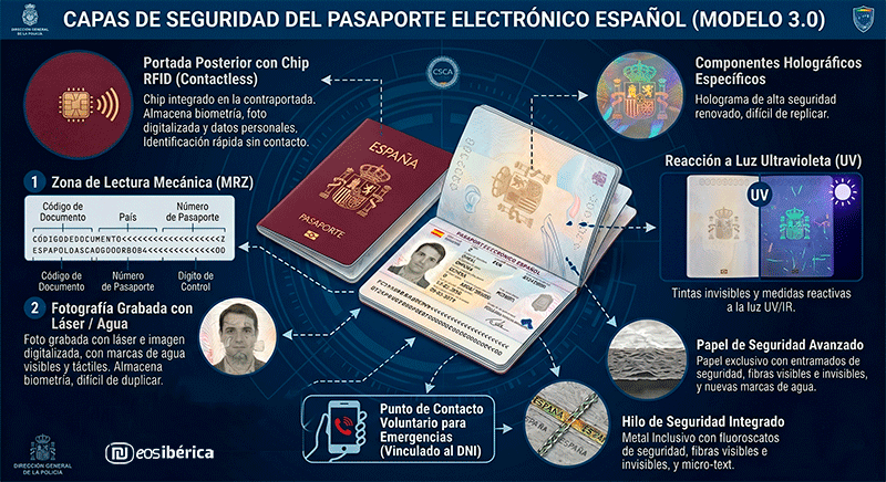 Infografía detallada que ilustra las múltiples capas de seguridad del pasaporte electrónico español (Modelo 3.0), destacando componentes visibles, invisibles y electrónicos
