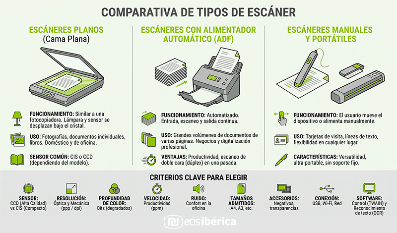 Infografía comparativa de tres tipos de escáneres de documentos: planos, con alimentador automático (ADF) y portátiles. Muestra ilustraciones de cada dispositivo, sus principales características, usos comunes y una lista de nueve criterios clave para la elección, como tipo de sensor, resolución, velocidad y conectividad.