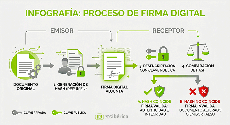 Infografía que detalla los 4 pasos del funcionamiento de la firma digital: generación de hash, encriptación con clave privada por el emisor, desencriptación con clave pública por el receptor y comparación final de hashes para validar integridad.