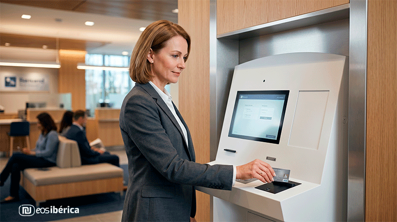 Una mujer de negocios interactúa con un terminal bancario de autoservicio en un entorno de oficina profesional.