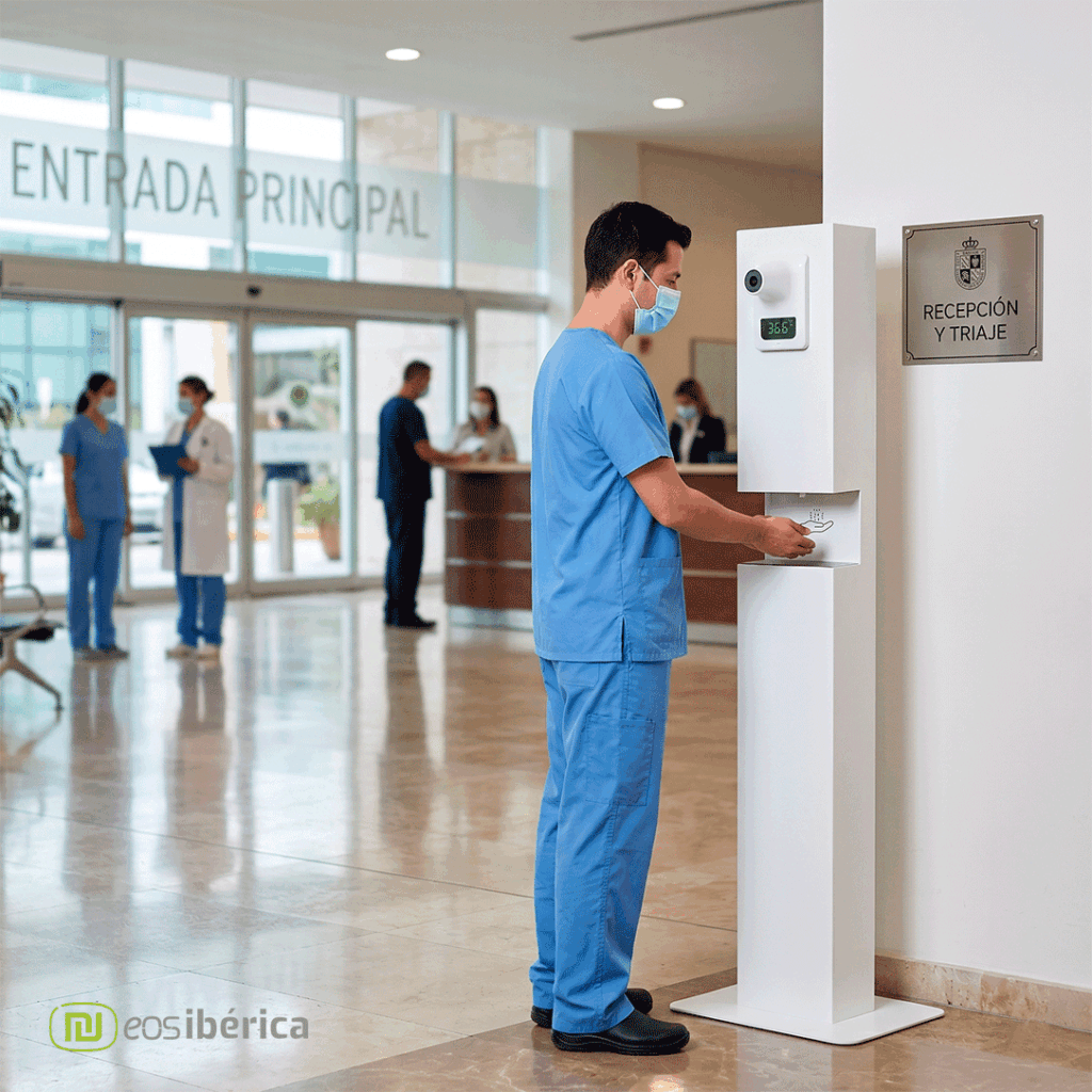 Terminal blanco de desinfección automática con termómetro digital en la entrada de un hospital, siendo utilizado por un profesional sanitario.