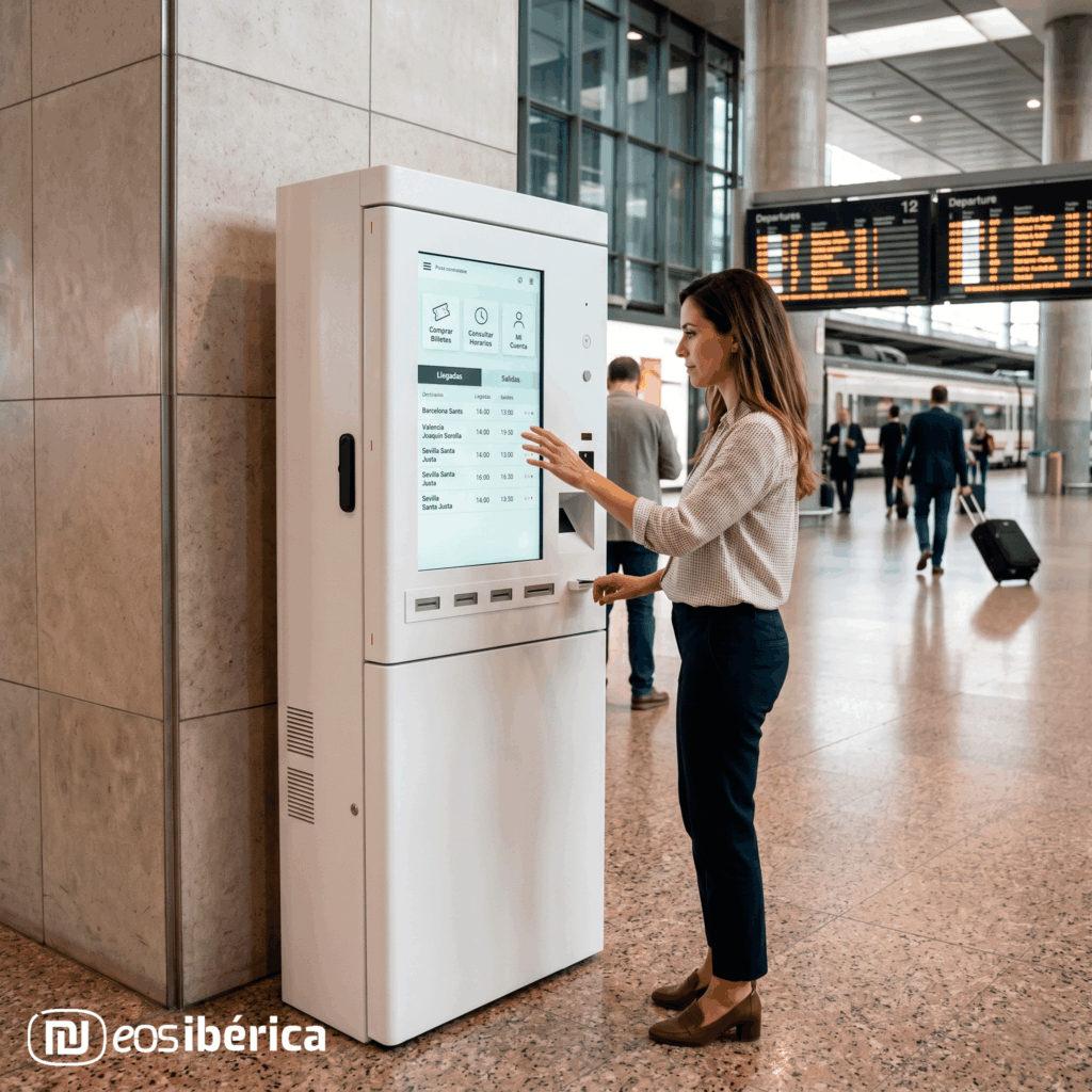 Una mujer de pie interactúa con un terminal interactivo blanco en la concurrida sala de una moderna estación de tren, que tiene un panel de información de salidas en el fondo