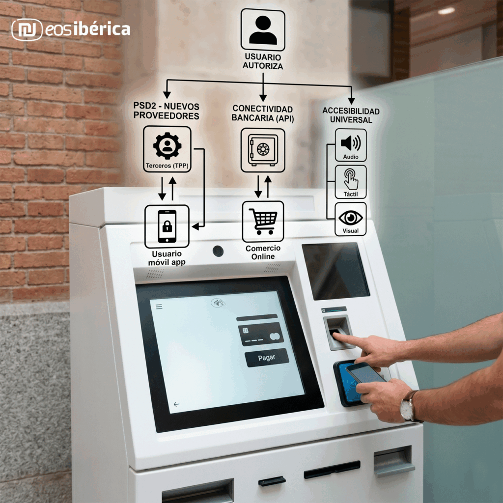 Kiosco de pago con esquema flotante que muestra la autorización del usuario, conectividad bancaria, accesibilidad universal y las nuevas opciones de proveedores. Una mano usa un sensor de huellas dactilares y otra un smartphone con lector NFC.