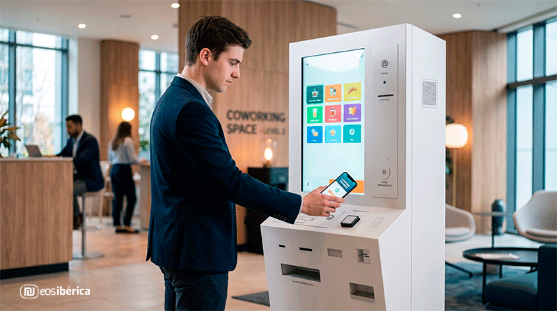 Fotografía de un joven profesional con traje azul utilizando un teléfono móvil para realizar un pago sin contacto en un moderno kiosco interactivo de color blanco. La pantalla del terminal está iluminada y muestra iconos de opciones de menú como café, comida y servicios. Al fondo, se aprecia un espacio de coworking contemporáneo desenfocado (bokeh) con otras personas trabajando y la inscripción "COWORKING SPACE - LEVEL 2" en una pared de madera.