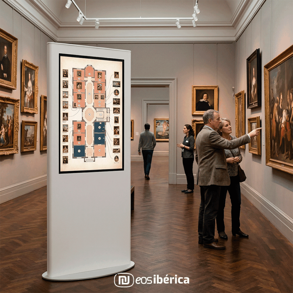 Un tótem interactivo blanco con una pantalla que muestra el plano de un museo y miniaturas de cuadros, ubicado en una sala de exposiciones con gente y obras de arte enmarcadas.