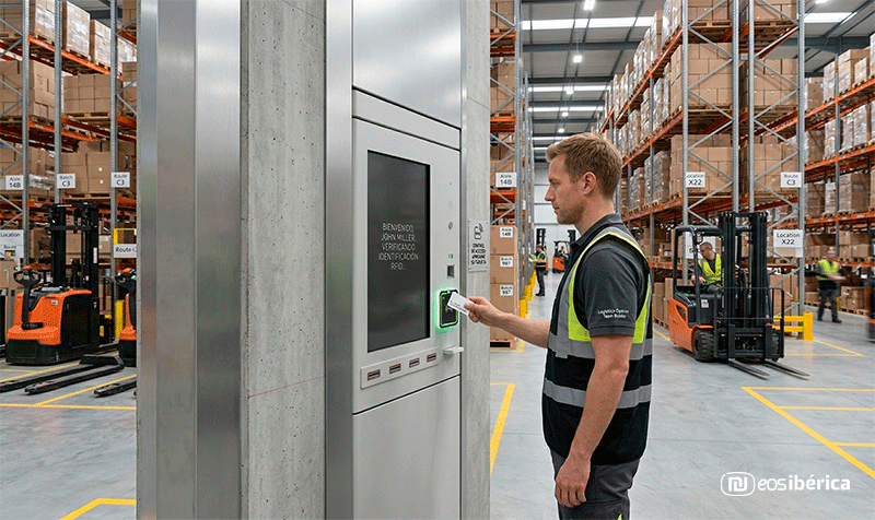 Un operario de almacén con rasgos europeos y chaleco de seguridad utiliza un terminal interactivo de color blanco integrado en una columna. Está acercando una tarjeta de identificación al lector RFID, que brilla con una luz verde. El entorno es un centro logístico moderno con estanterías industriales, cajas y carretillas elevadoras al fondo