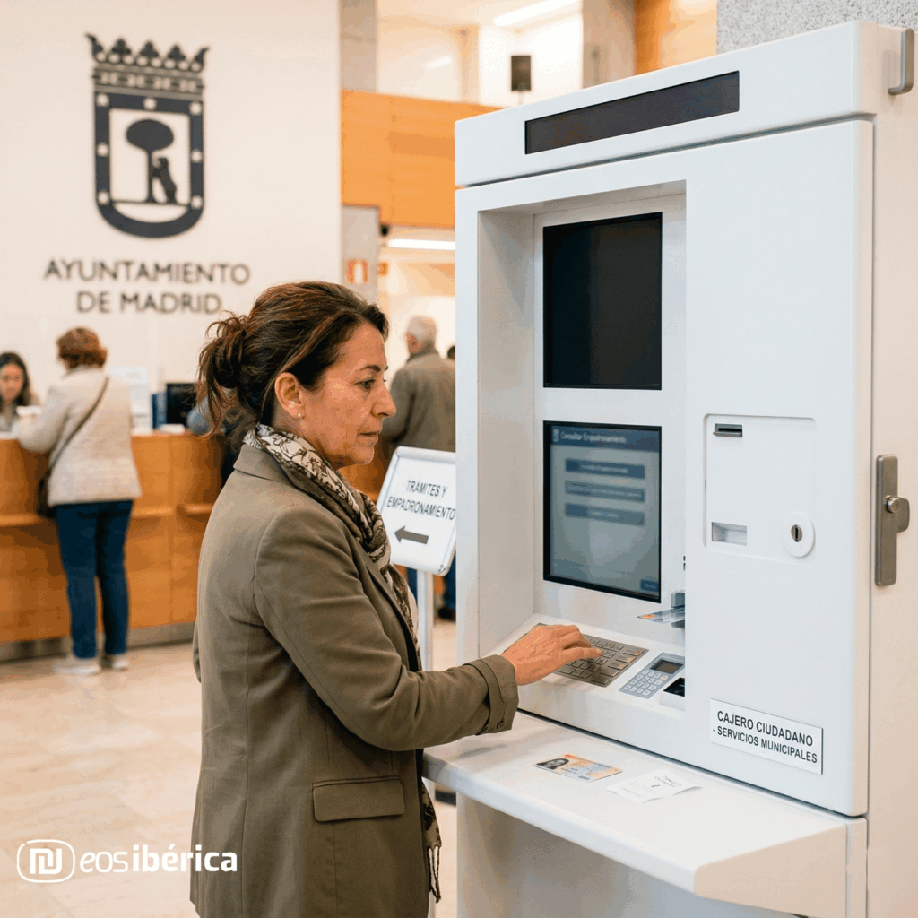 Fotografía de plano medio de una mujer de mediana edad con una chaqueta verde militar y una bufanda estampada, de pie, de perfil, e interactuando con un terminal de autoservicio blanco. El quiosco tiene la etiqueta "CAJERO CIUDADANO - SERVICIOS MUNICIPALES" y una de sus pantallas muestra un menú de "Consulta de Empadronamiento". Al fondo, fuera de foco, se ve una pared con el escudo y texto "AYUNTAMIENTO DE MADRID", y otras personas de espaldas. La mujer está usando el teclado y hay una tarjeta insertada en el terminal.