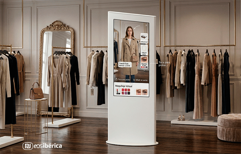 Un tótem inteligente vertical de color blanco está en el centro de una lujosa tienda de ropa con suelos de madera. En la pantalla del tótem, se ve el reflejo de una mujer probándose virtualmente una gabardina. A su derecha, hay iconos interactivos para accesorios y maquillaje, con texto en español que dice "Toca para probar" y "Maquillaje Virtual". El fondo muestra estanterías de ropa y un gran espejo dorado.