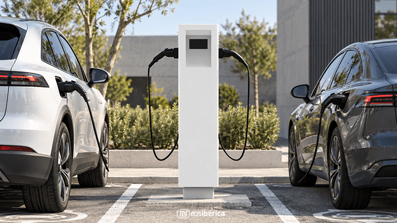 Estación de recarga para vehículos eléctricos de EOS Ibérica instalada entre dos coches, con dos conectores laterales.