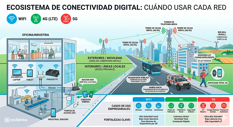 Infografía comparativa que muestra visualmente los ecosistemas de uso y las fortalezas técnicas de las redes WiFi, 4G (LTE) y 5G en entornos industriales, urbanos y rurales.