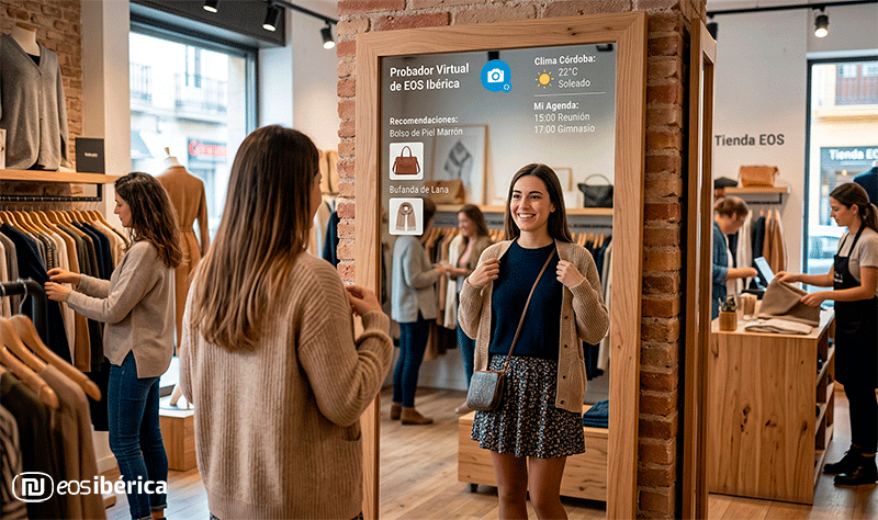 Mujer frente a un espejo inteligente de cuerpo entero en una tienda de ropa moderna. La pantalla del espejo muestra una interfaz digital con recomendaciones de accesorios, el clima de Córdoba y su agenda personal mientras ella se prueba una chaqueta.