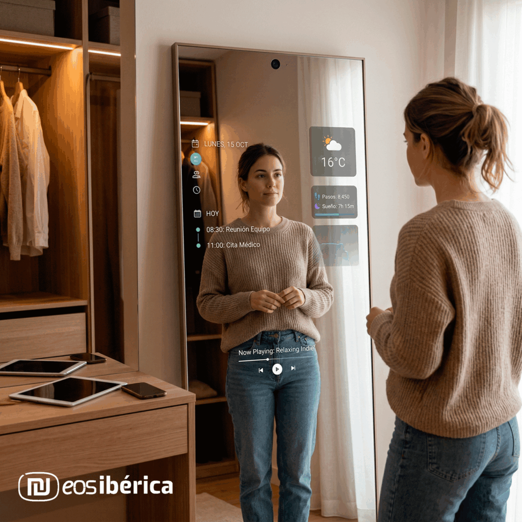 Una mujer joven frente a un espejo inteligente de cuerpo completo en un vestidor moderno. El espejo muestra una interfaz digital con el calendario del día, la temperatura actual (16°C), métricas de salud y un reproductor de música, integrando tecnología y diseño realista.