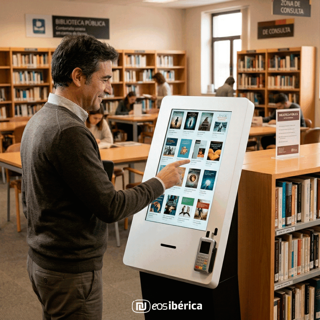 Solución tecnológica digital instalada en una biblioteca. Aparece un hombre consultando en la pantalla un catálogo virtual de títulos literarios