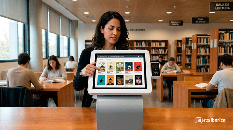Una toma de ángulo medio en primer plano muestra a una mujer con un suéter negro de pie y señalando una pantalla de computadora blanca con un catálogo de libros. Tiene el cabello castaño largo y oscuro y está de pie frente a un escritorio de madera con otras personas y estanterías borrosas al fondo. El catálogo de libros de la pantalla muestra diez portadas de libros ilustrados con títulos en español. Un pequeño panel de lectura negro en el lado derecho de la pantalla indica que el sistema permite realizar pagos sin contacto. La luz natural entra por las ventanas de la izquierda.