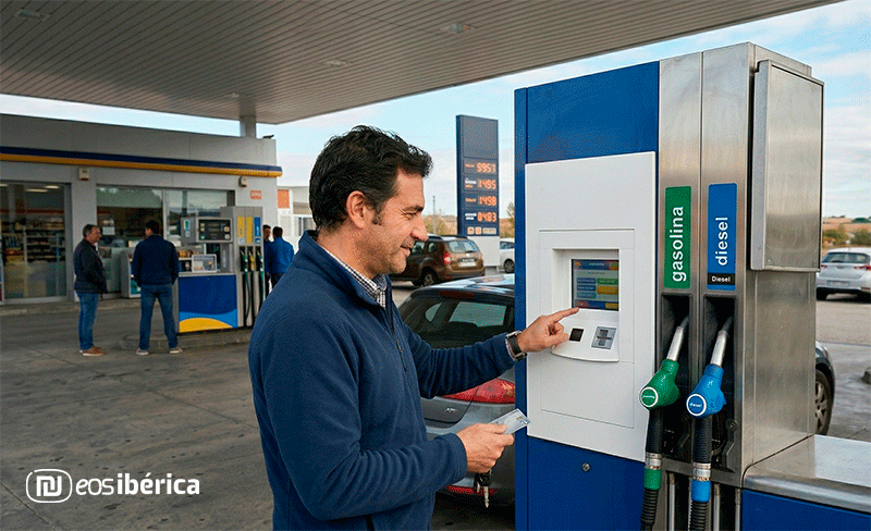 Hombre sonriendo interactuando con la pantalla táctil de un surtidor de gasolina azul y blanco en una estación de servicio al aire libre, sosteniendo una tarjeta de crédito.