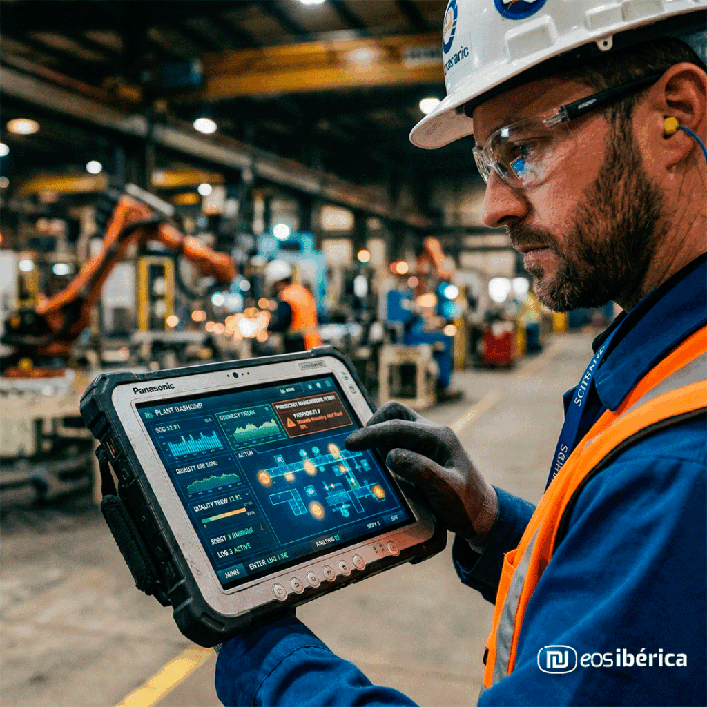 Primer plano de un ingeniero con casco de seguridad, gafas protectoras y chaleco reflectante en una fábrica de alta tecnología, concentrado mientras opera una tablet robusta Panasonic Toughbook. La pantalla muestra un panel de control con gráficos de rendimiento, mapas de la planta, datos de calidad y estado de la red. De fondo, borroso, se observan brazos robóticos industriales amarillos y maquinaria trabajando.