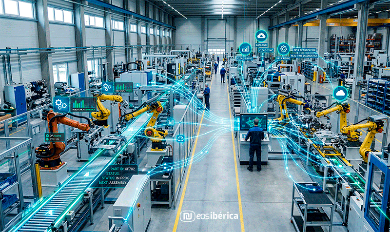 Una toma panorámica de una planta de fabricación moderna y limpia, donde brazos robóticos amarillos trabajan en cintas transportadoras. Gráficos digitales azules y verdes flotan sobre el equipo, con líneas de datos luminosas conectando las máquinas, iconos de nube, gráficos de barras y engranajes digitales, representando la monitorización en tiempo real y la optimización del proceso productivo.