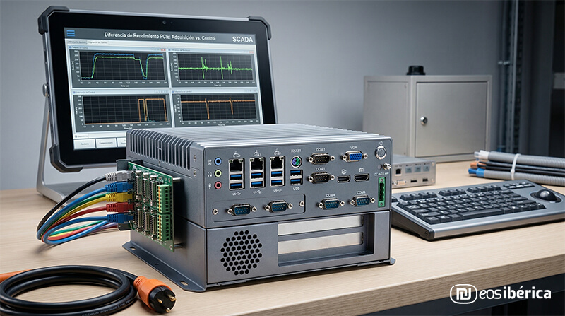 PC industrial con ranura PCIe en un puesto de operador, ideal para aplicaciones de visión artificial o control SCADA en fábricas
