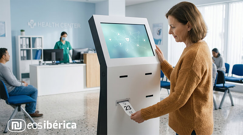 Una mujer interactuando con un quiosco de autoservicio en un centro de salud, recogiendo un ticket de la impresora situada en la parte inferior izquierda del terminal.