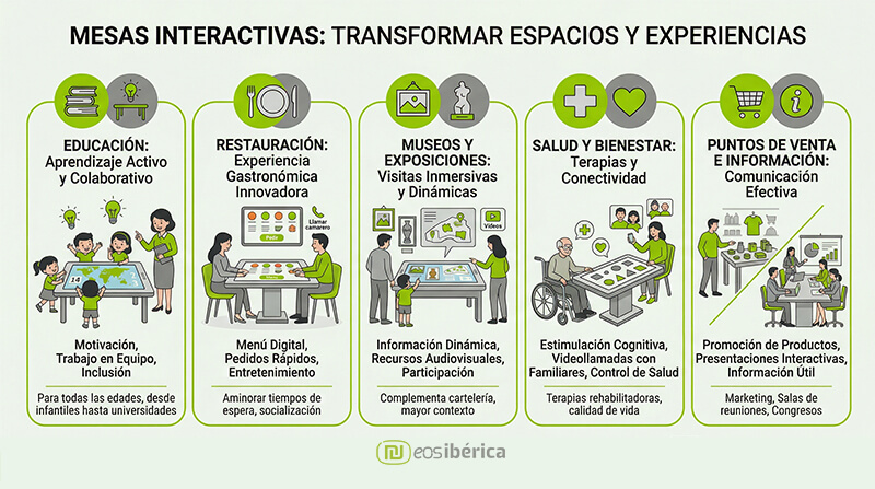 Usos y beneficios de las mesas interactivas y pantallas multitáctiles en sectores como educación, hostelería, hospitales y museos. Infografía sobre digitalización y aprendizaje activo.