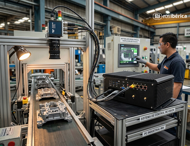 PC industrial fanless integrado en un sistema de visión artificial en una planta de fabricación. El ordenador está conectado a cámaras y monitores que inspeccionan piezas de metal en una cinta transportadora, con un operario observando.