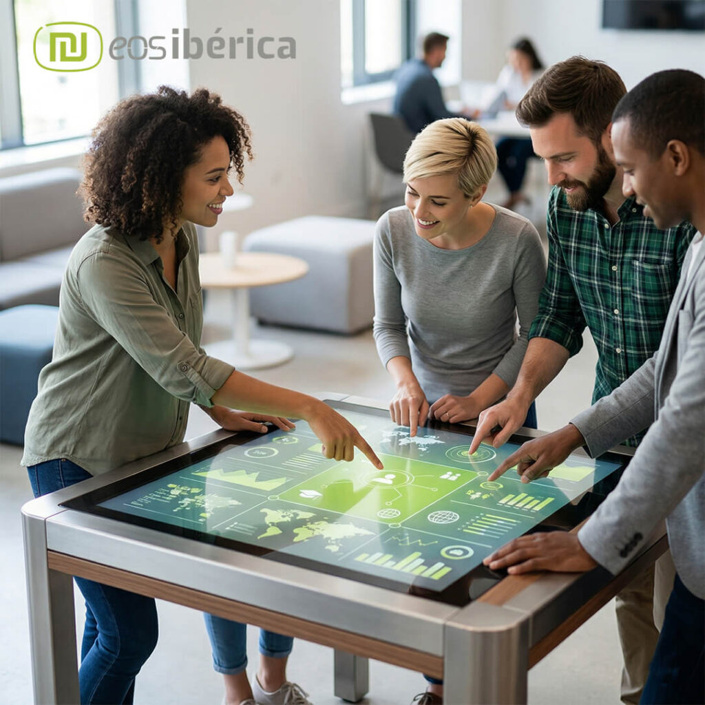 Personas utilizando una mesa táctil para el aprendizaje activo y la toma de decisiones. Imagen que representa la innovación tecnológica en entornos colaborativos y oficinas modernas.