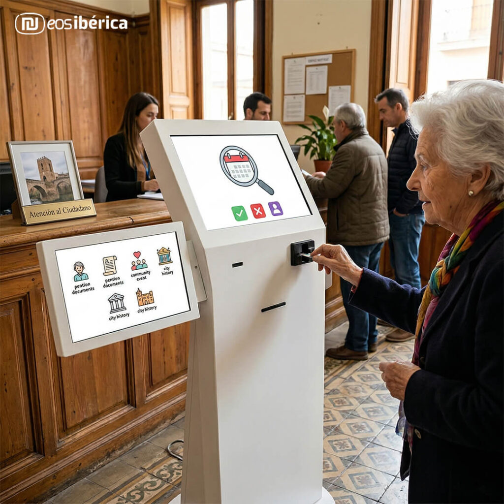 Persona de edad avanzada utilizando nuestra solución e700 Dual en un ayuntamiento.