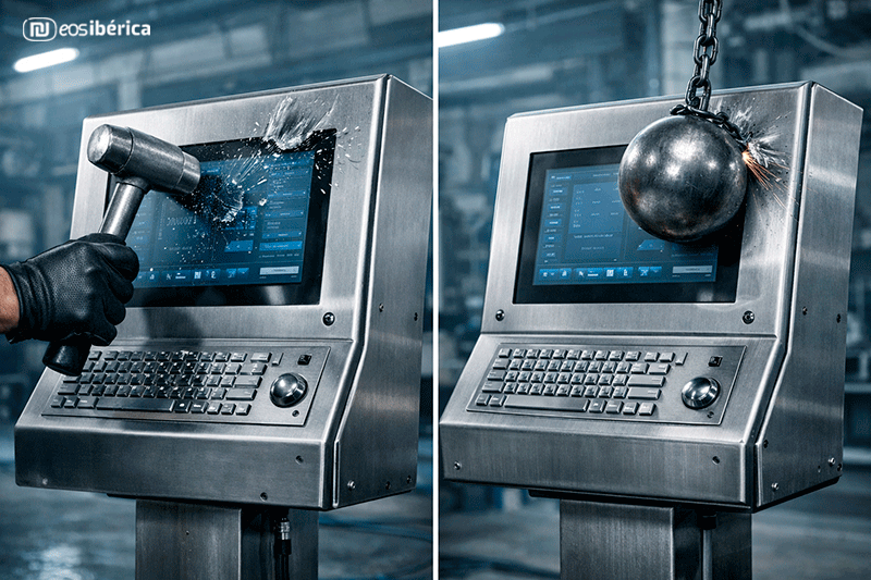 Prueba de impacto mecánico en kiosco industrial según norma EN IEC 62262 protección IK