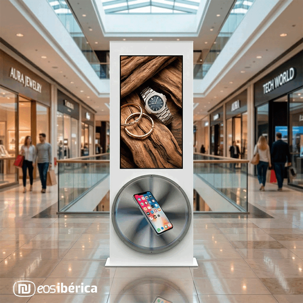 Tótem interactivo de interior con proyector holográfico integrado para un mayor impacto visual, instalado en un centro comercial.