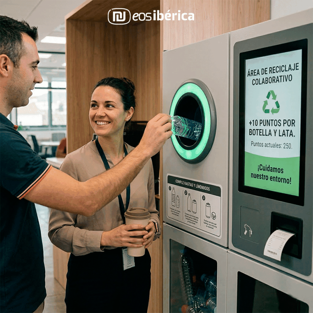 Trabajadores en una empresa introduciendo una botella de plástico en una máquina expendedora inversa