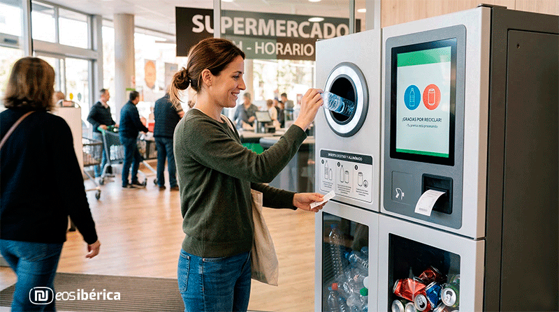 Mujer reciclando una botella en máquina de "reverse vending" a cambio de un ticket de descuento en un supermercado.