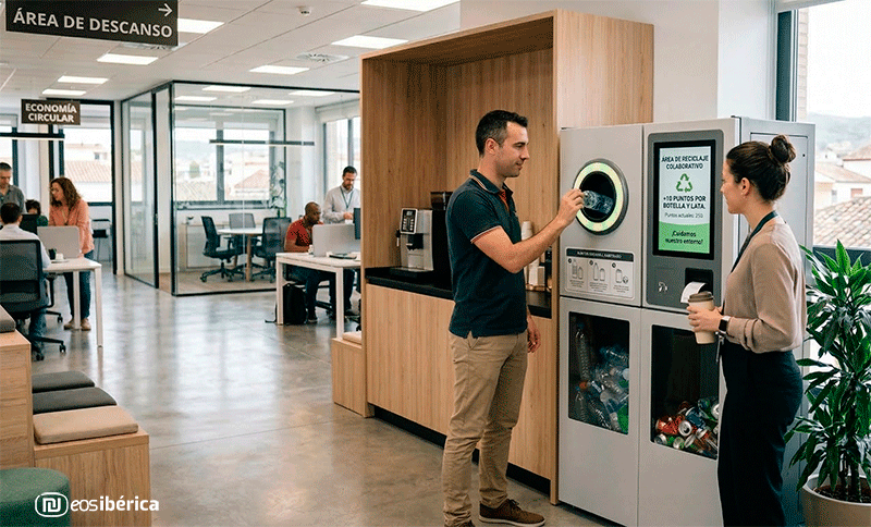 Empleados utilizando una máquina de "reverse vending" para reciclar botellas y latas en el área de descanso de una oficina moderna.