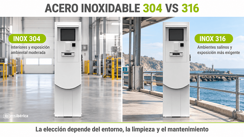 Infografía comparativa con un terminal EOS en dos entornos: una instalación industrial interior para el acero inoxidable 304 y una ubicación costera para el 316.