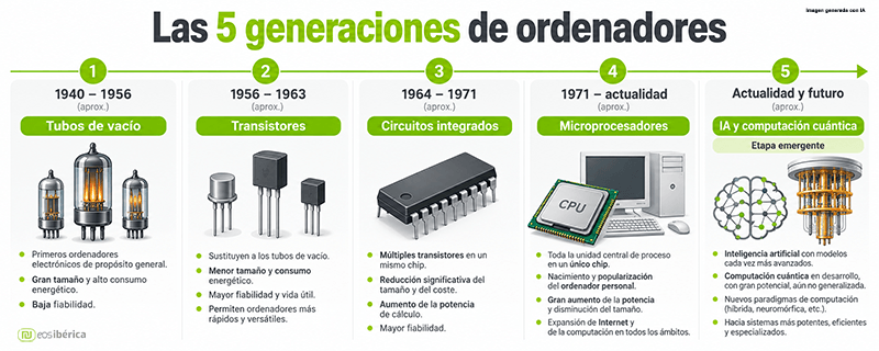 Infografía horizontal de las cinco generaciones de ordenadores, desde los tubos de vacío y los transistores hasta los circuitos integrados, los microprocesadores, la inteligencia artificial y la computación cuántica.