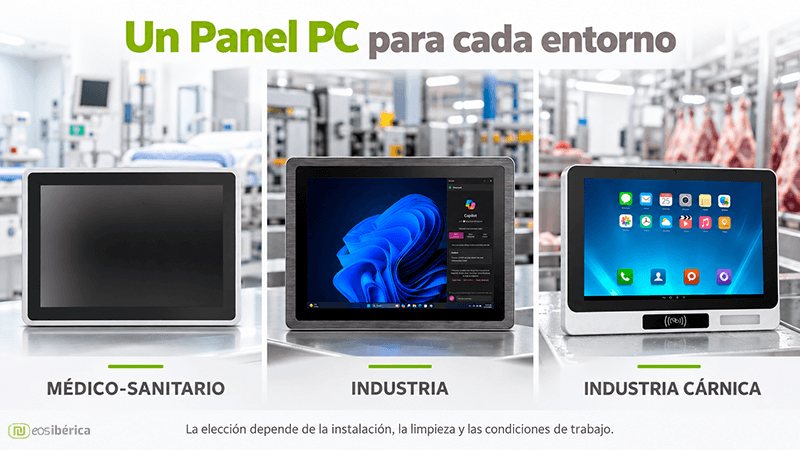 Infografía con tres Panel PC de EOS Ibérica para los sectores médico-sanitario, industrial y cárnico.