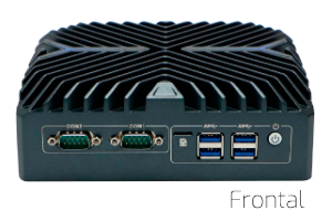 eNX-i5-1235U-3L-frontal Ordenador fanless rugerizado en chasis de aluminio en color negro, con sistema de refrigeración pasiva sin uso de ventiladores para conseguir una protección ante entornos con mucho polvo.