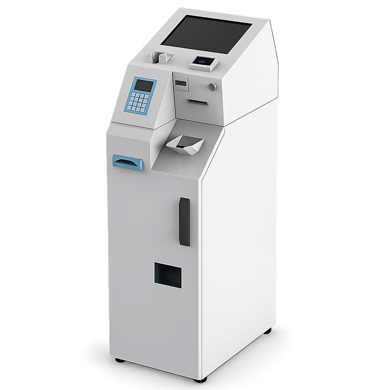 Terminal en blanco para autopago con tarjeta o efectivo. Incorpora pantalla y distintos periféricos como teclado, impresora, lector de tarjetas, Pin pad, contactless y QR, entre otros.