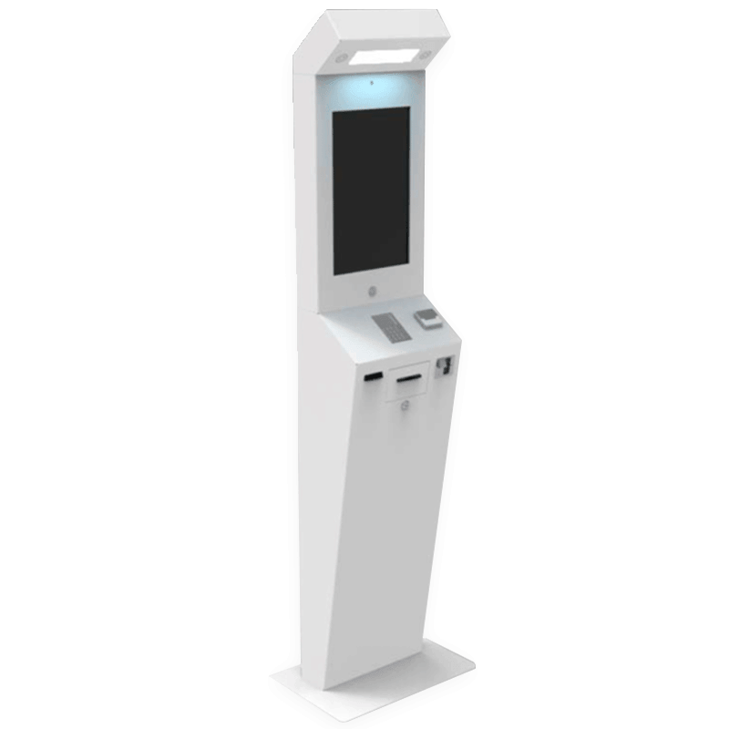 Terminal interactivo eOrder en color blanco permite realizar compras y gestiones de forma autónoma gracias a su diseño ergonómico y su compatibilidad con múltiples periféricos como impresora, lector de tarjetas y sistema de pago electrónico.