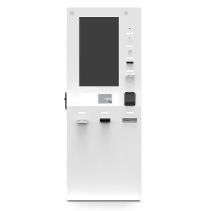 Kiosco de autoservicio eService con múltiples medios de pago (efectivo, tarjeta o electrónico), ideal para recargas, gestiones bancarias o compra de tickets. Su diseño ergonómico con pantalla de hasta 32” y acceso frontal facilita el uso y mantenimiento.