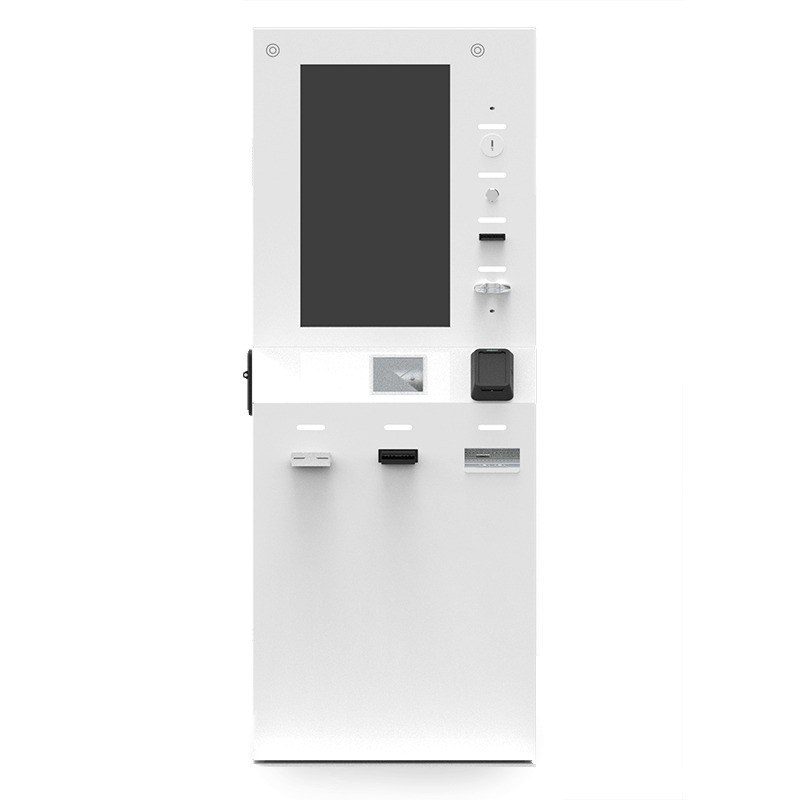 Kiosco de autoservicio eService con múltiples medios de pago (efectivo, tarjeta o electrónico), ideal para recargas, gestiones bancarias o compra de tickets. Su diseño ergonómico con pantalla de hasta 32” y acceso frontal facilita el uso y mantenimiento.