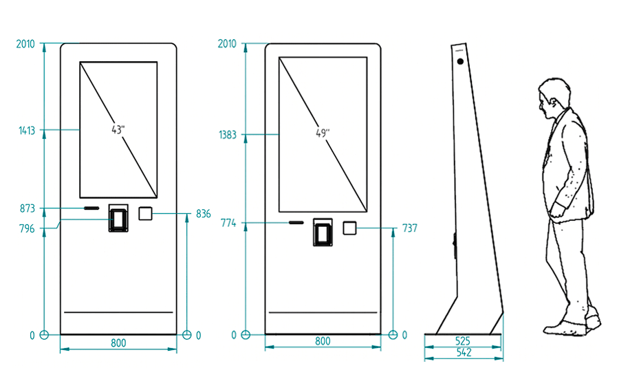 Plano técnico en el que se puede ver las dimensiones y medidas del e900 con pantalla de 43 pulgadas y 49 pulgadas