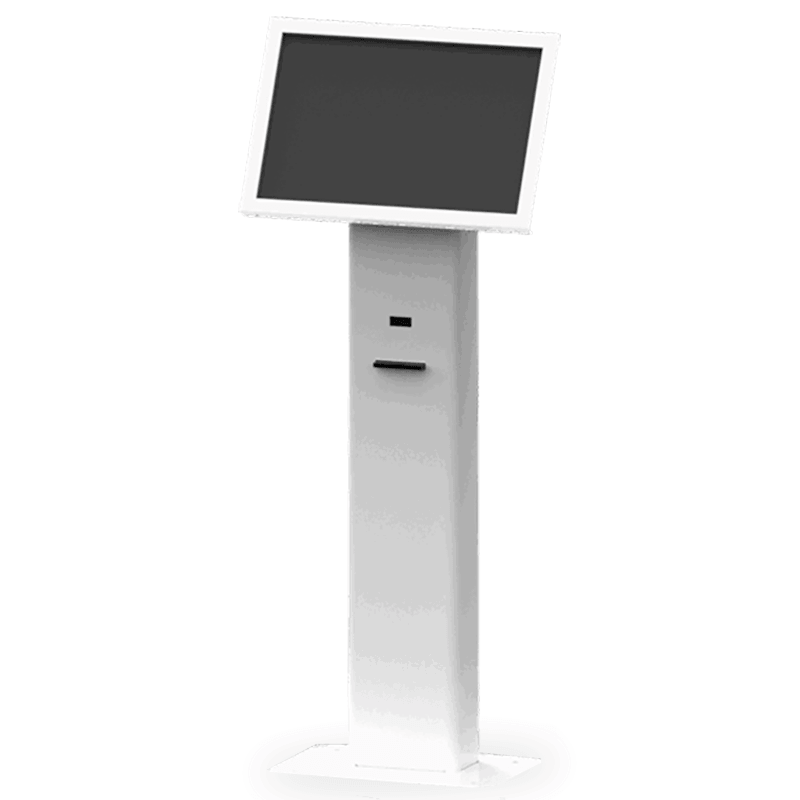 Vista lateral eInfo con pantalla en formato horizontal, impresora de ticket y lector QR.