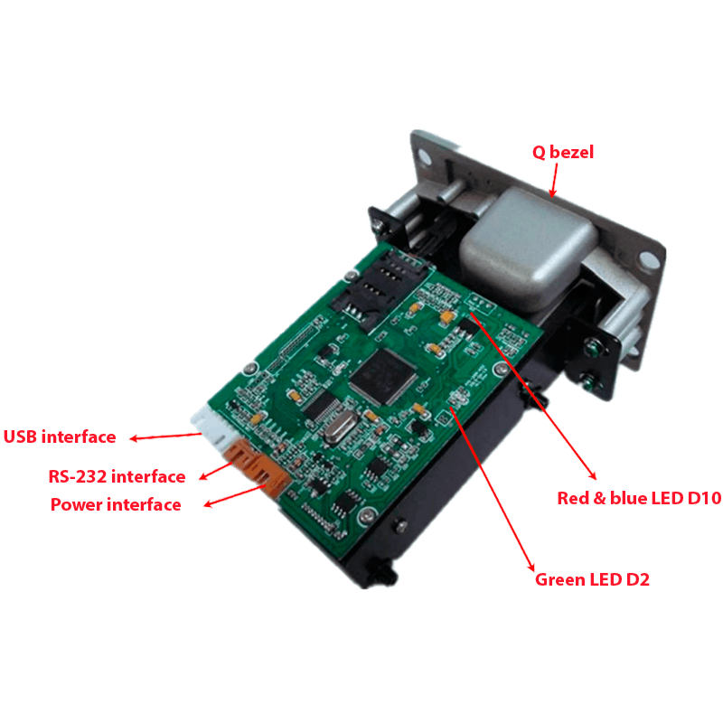 Conexiones y puertos lector de inserción de tarjetas híbrido con lectura de banda magnética, RFID y chip, compatible con conexión USB o RS232 eLT-CRT-288K