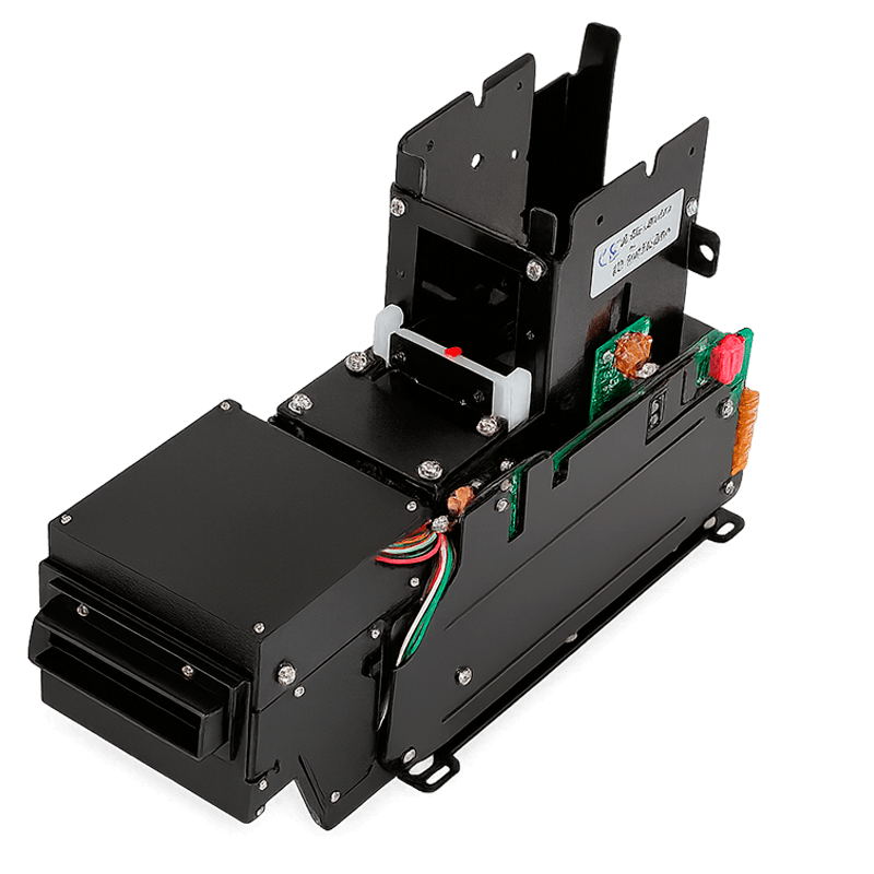 Dispensador y codificador de tarjetas chip y RFID compacto y económico, con inserción media para evitar la retención de tarjetas eLT CRT 571