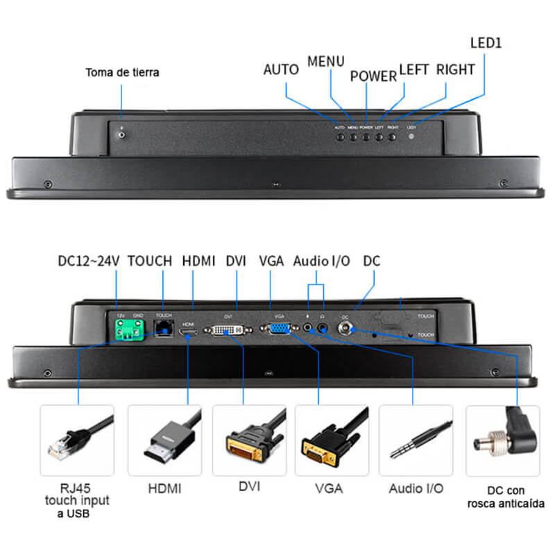 Conexiones y puertos de eMonitor-TH-C-EXT Monitor industrial táctil IP65