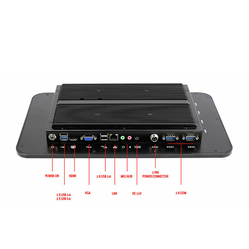 Detalle conexiones y puertos monitor táctil de 15,6” de tecnología capacitiva y ordenador fanless rugerizado ePX156 i5 4300U