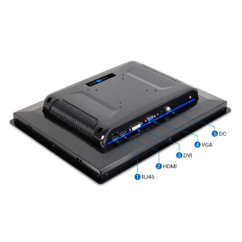 eMonitor TH-C-EXT-Auto puertos y conexiones: RJ45, HDMI, DVI, VGA, Y DC.